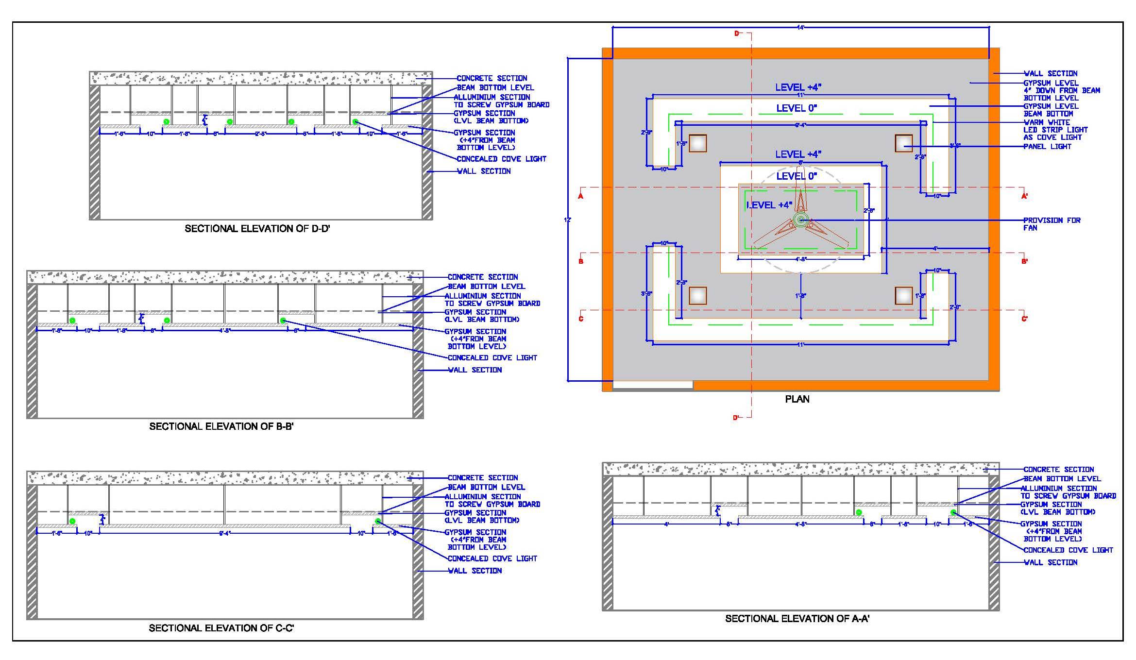 False Ceiling Design Details (14'x12') - AutoCAD DWG